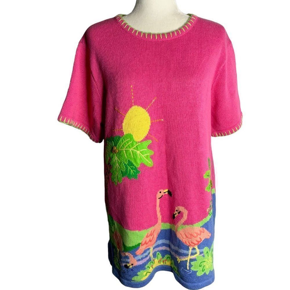 Vintage Quacker Factory Flamingo Sweater L Pink Beaded Short Sleeve Tunic